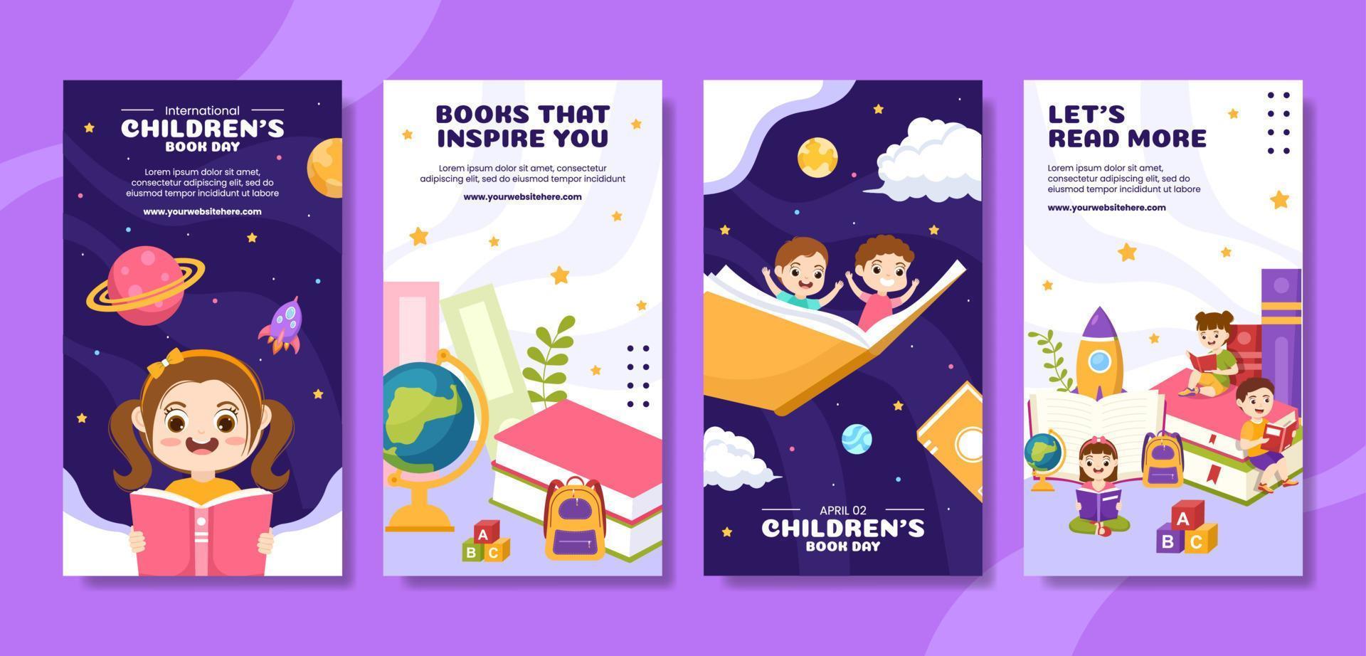 Internationale kinderen boek dag sociaal media verhalen vlak tekenfilm hand- getrokken Sjablonen illustratie vector