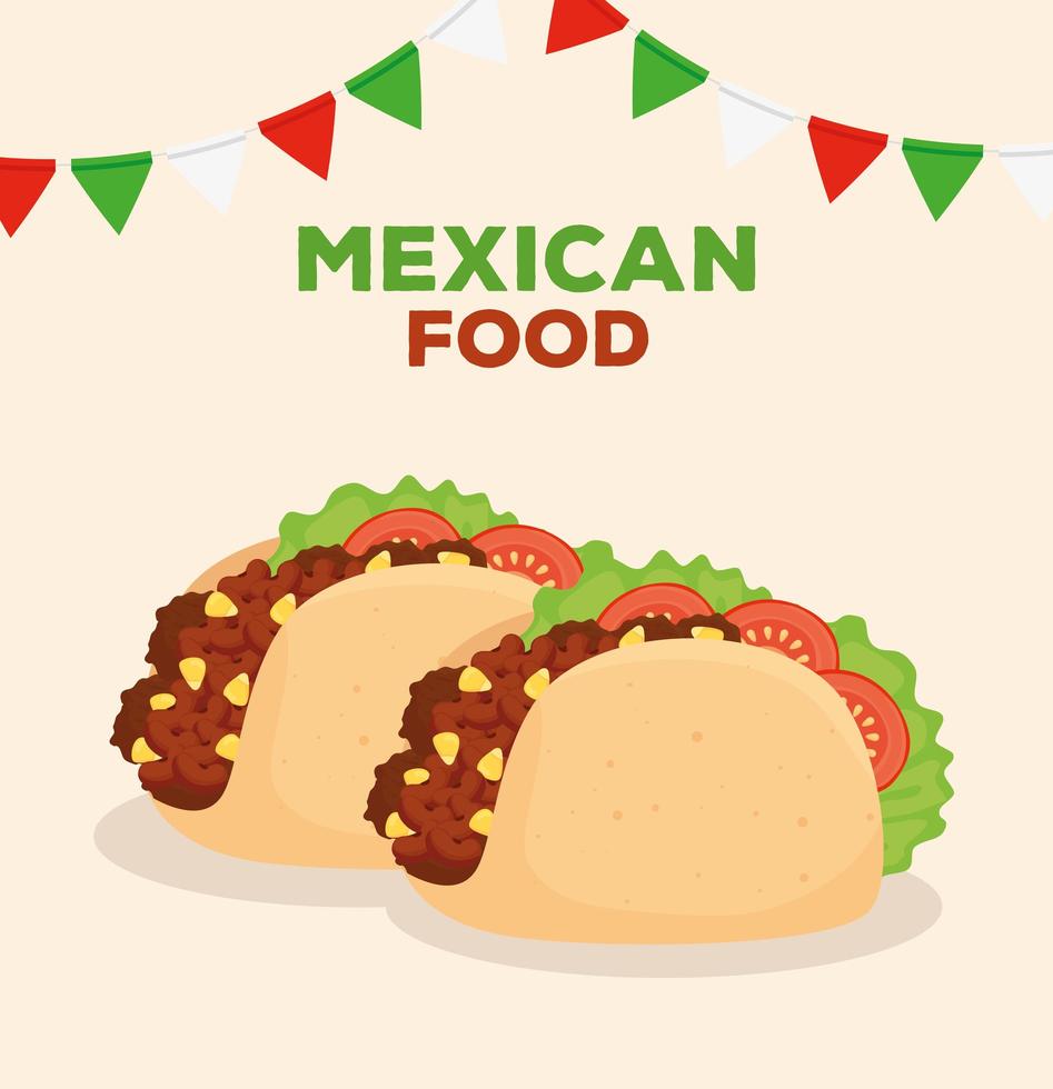 Mexicaans eten poster met taco's en slingers decoratie vector