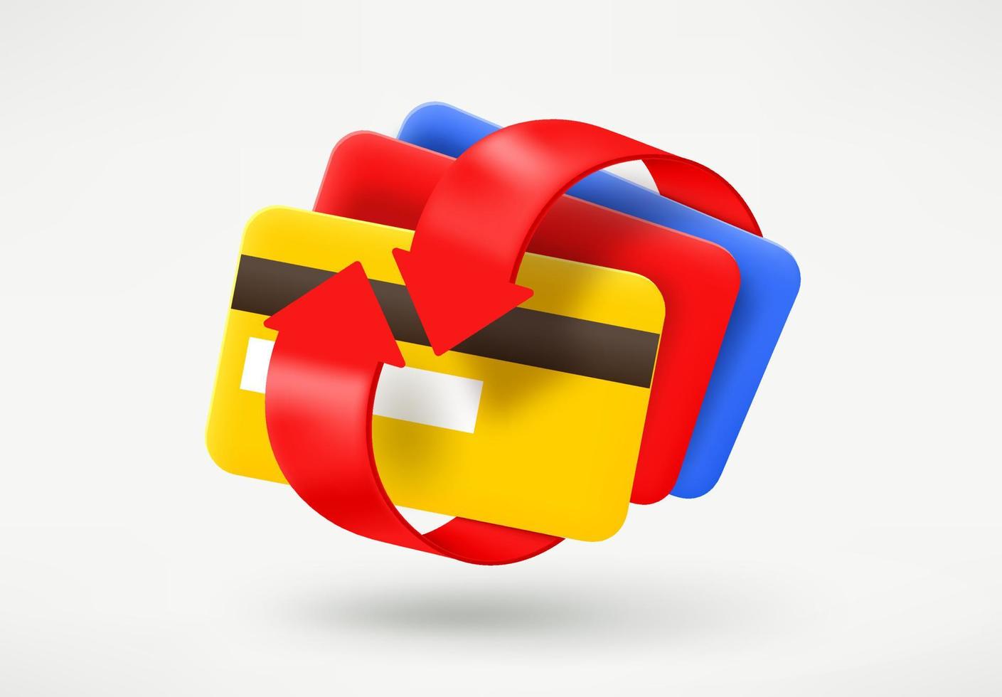 stack van kleur plastic kaarten en pijlen. cashback concept. 3d vector illustratie