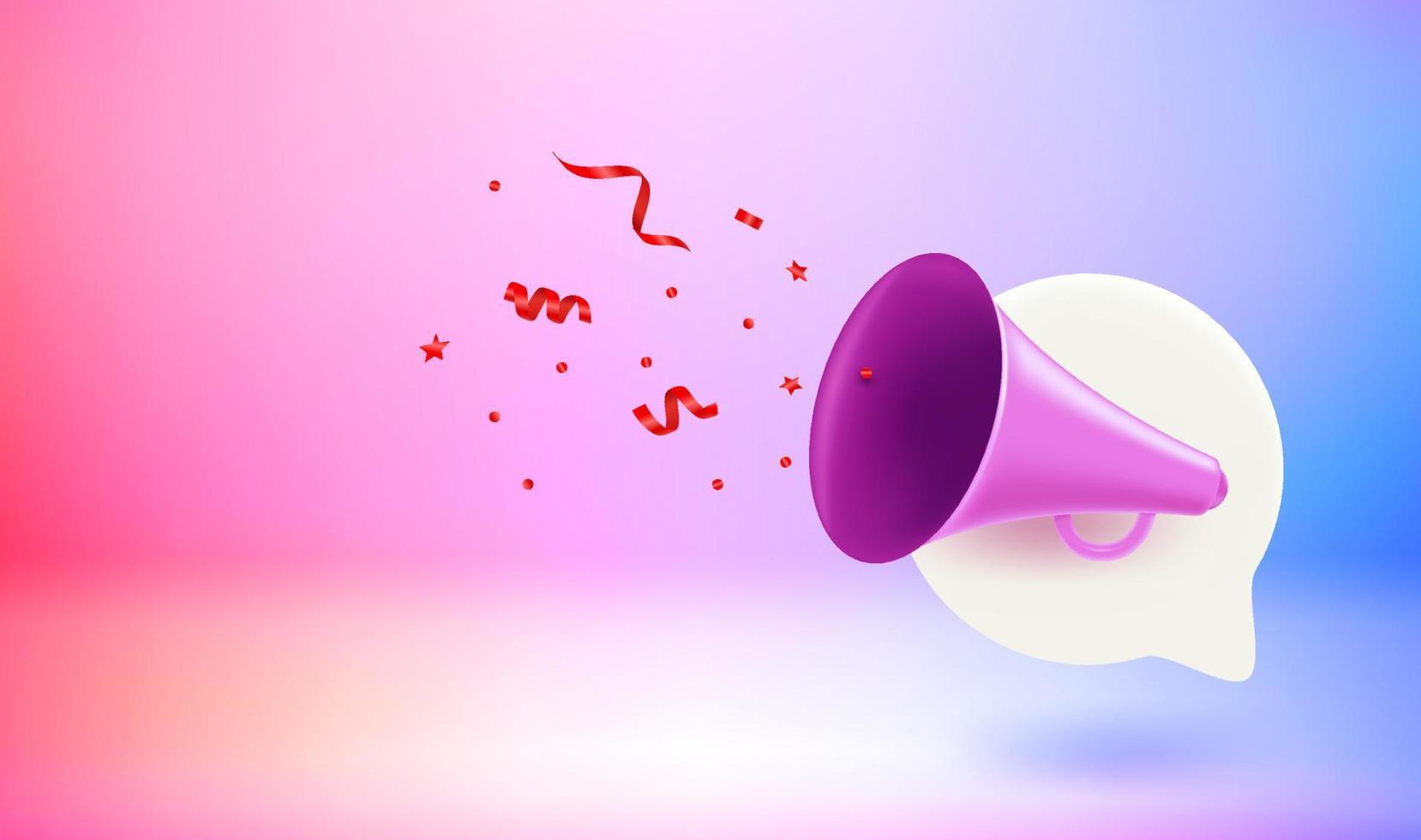 Aankondiging concept met luid spreker en confetti. vector 3d banier met doodling