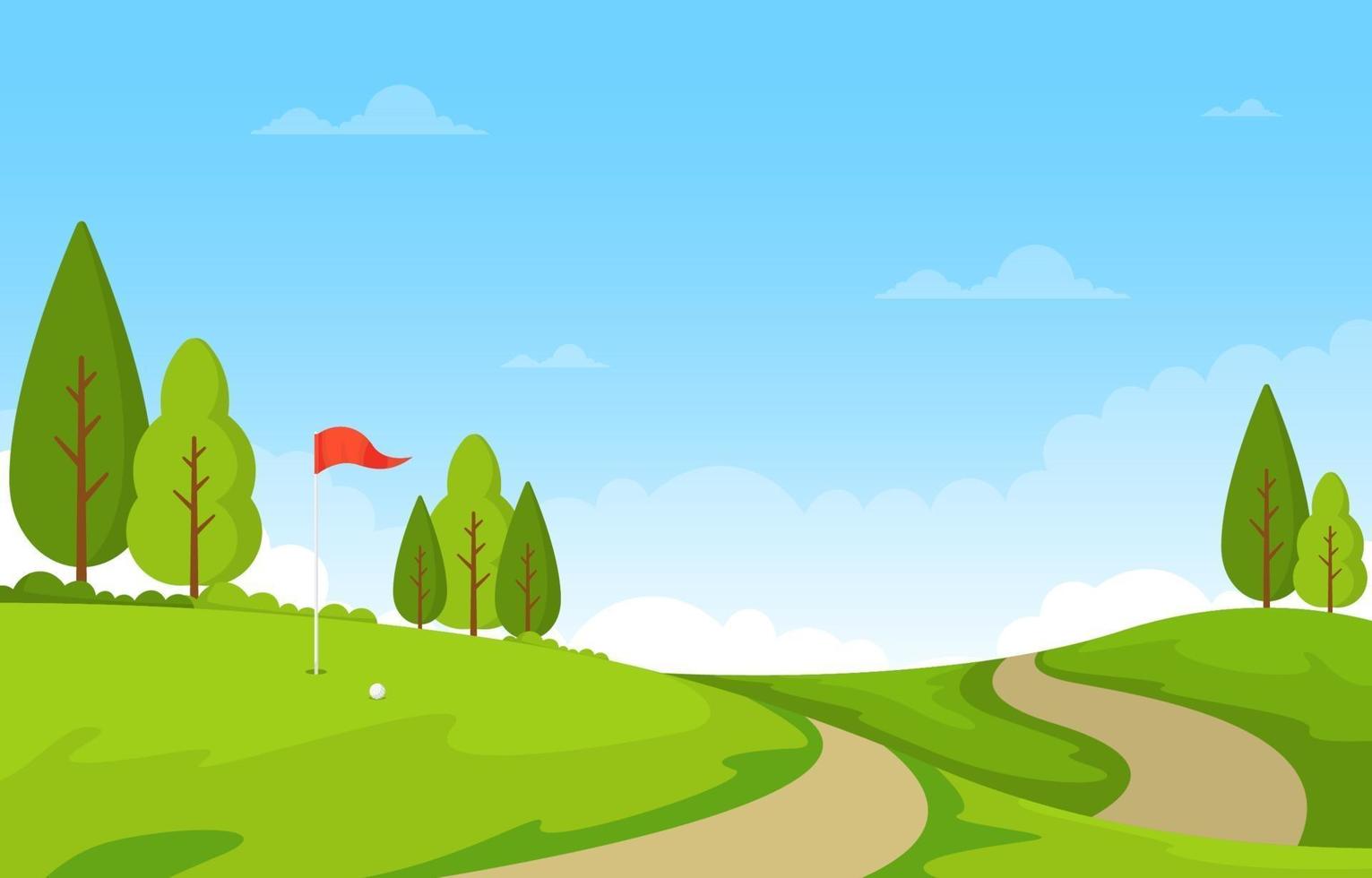 golfbaan met rode vlag, bomen en paden vector