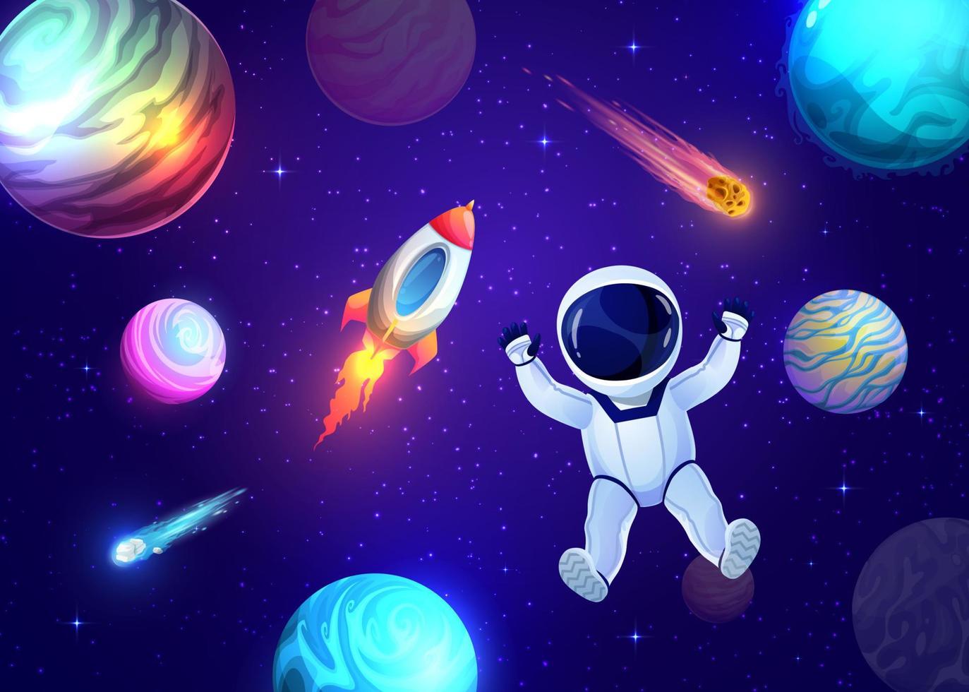 tekenfilm astronaut in buitenste ruimte, heelal landschap vector