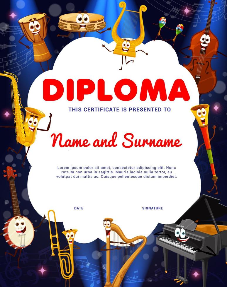 kinderen diploma met musical instrument tekens vector