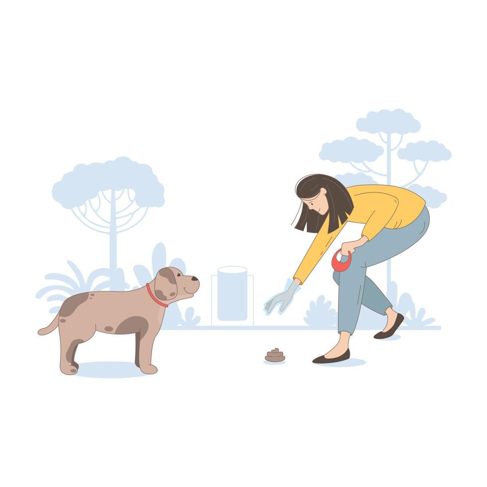 vrouw schoonmaak omhoog na haar hond in de park vector
