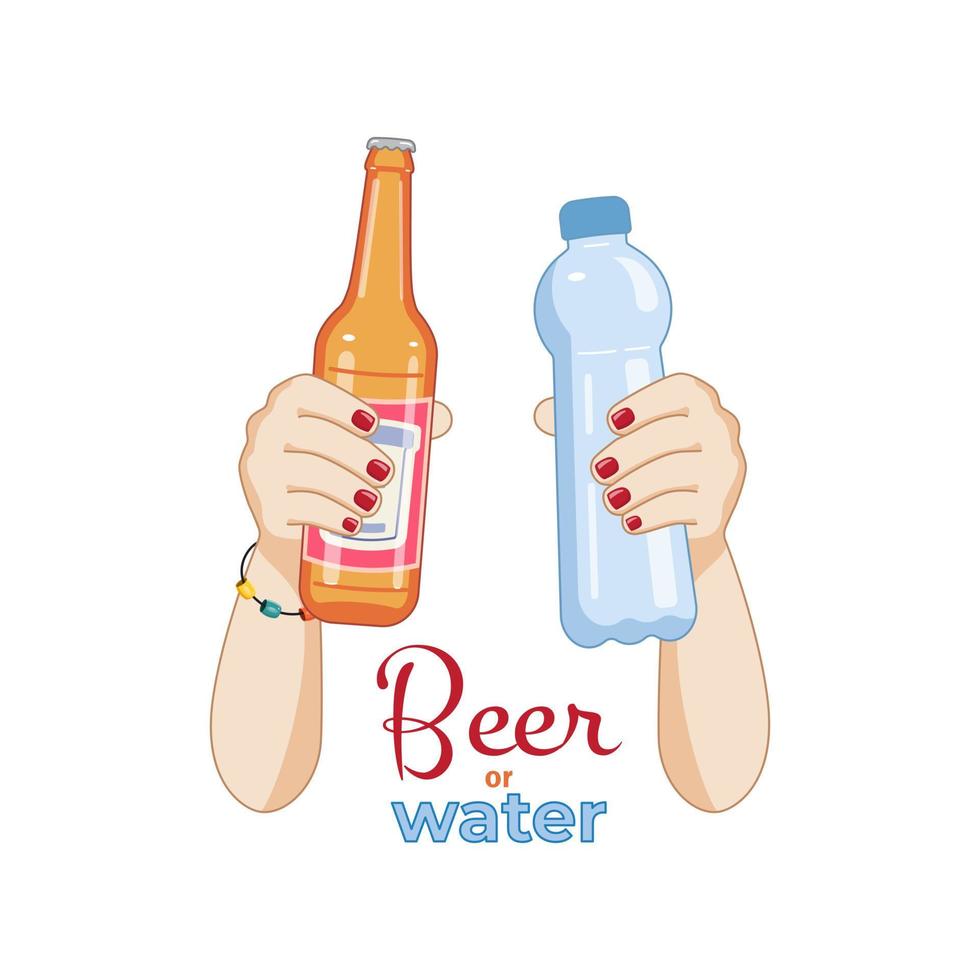 een fles van bier in een vrouw hand, een fles van water in haar hand. een keuze in gunst van Gezondheid. vector