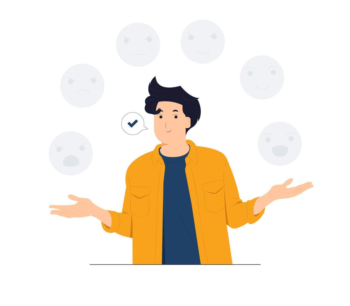 emotioneel balans ontwikkelt emotioneel intelligentie, definitie van humeur. bewustzijn, zelf ontwikkeling en zelf controle. karakter jongleert emoticons concept illustratie vector