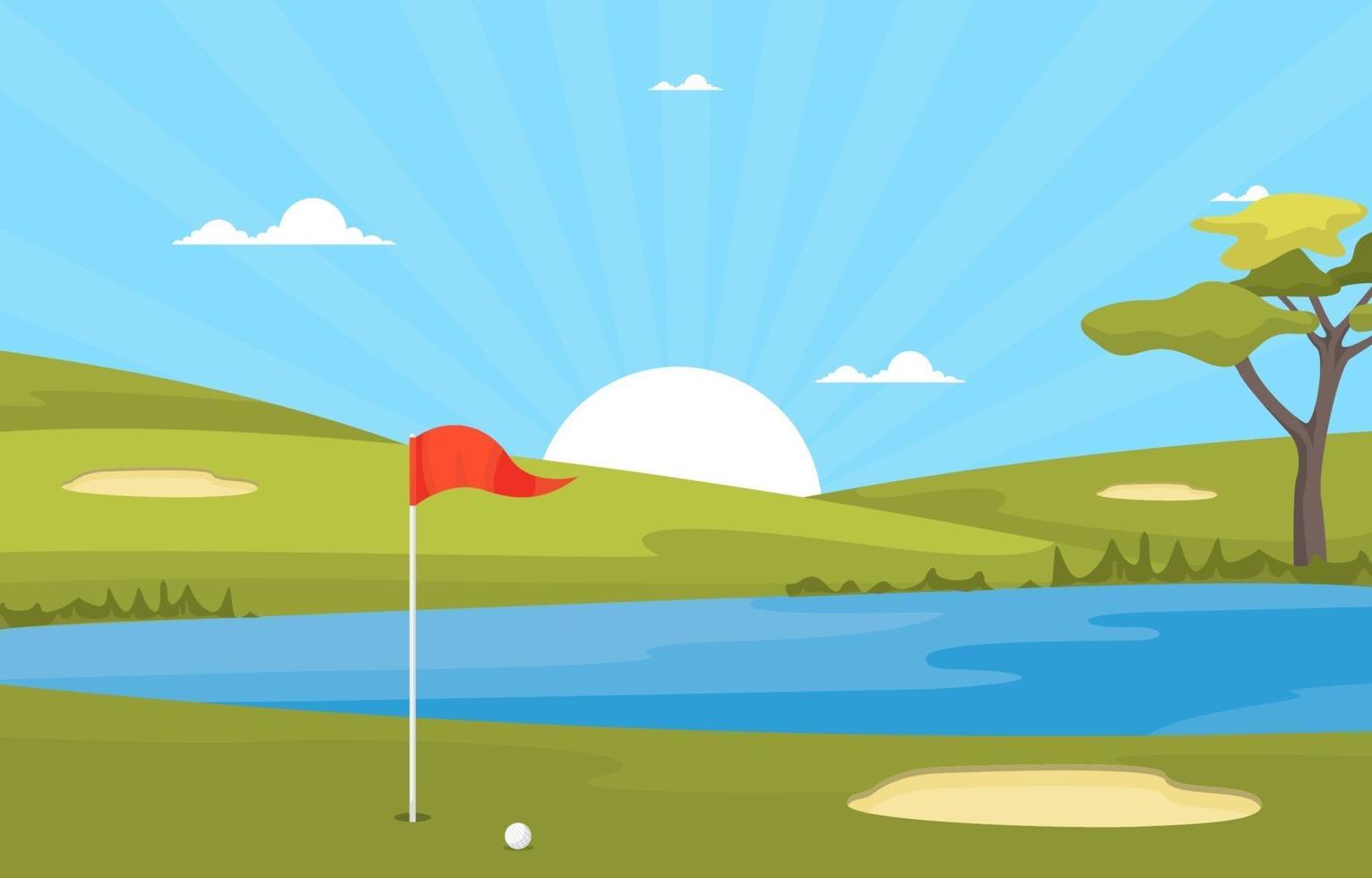 golfbaan met rode vlag, vijver en bomen vector