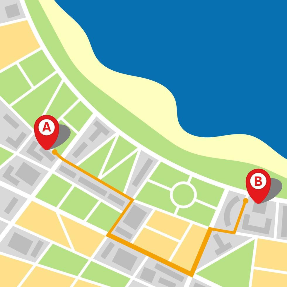 stad kaart van een denkbeeldig stad met een zee en route van punt een naar punt b. vector illustratie.