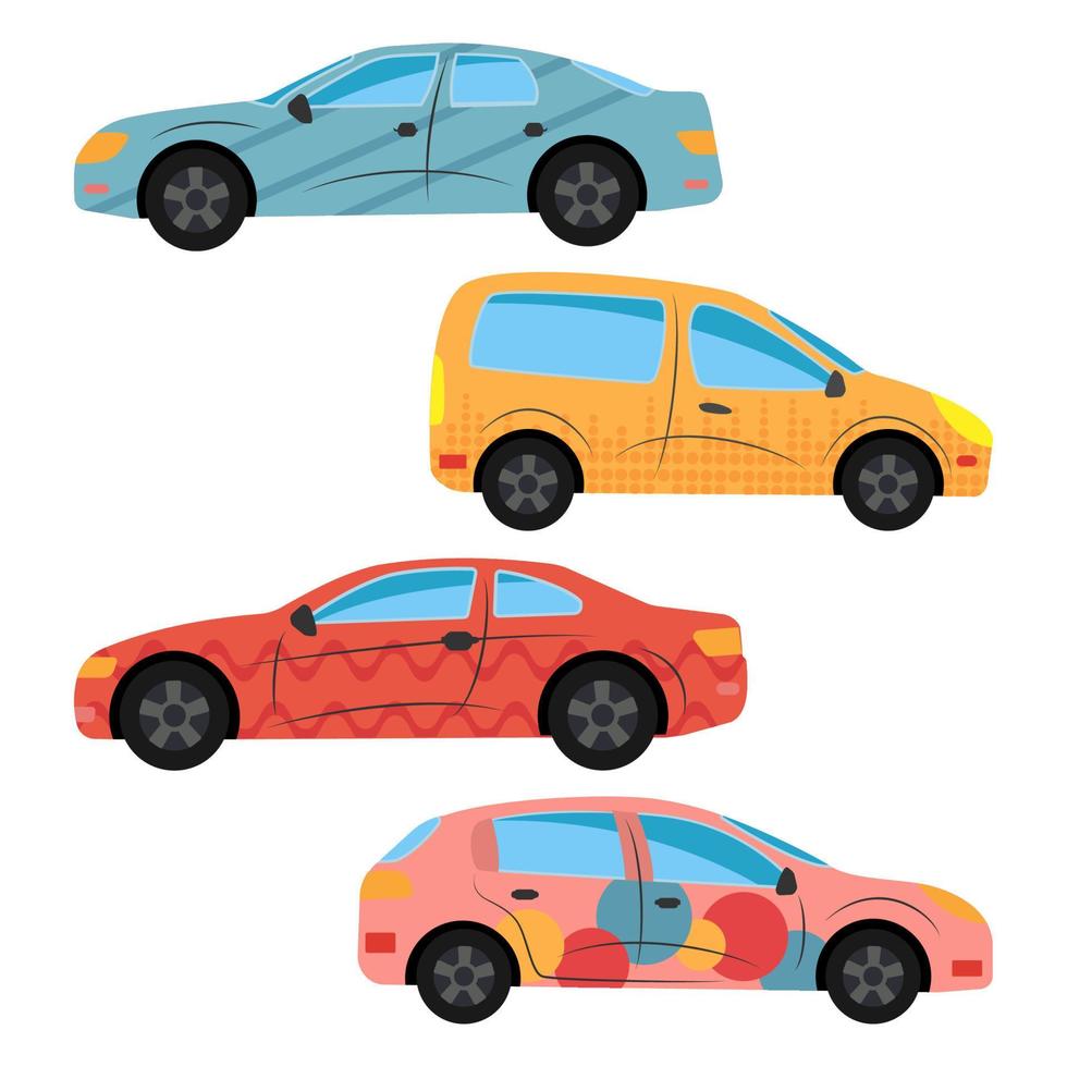 een reeks van vier auto's geschilderd in verschillend kleuren. vector illustratie
