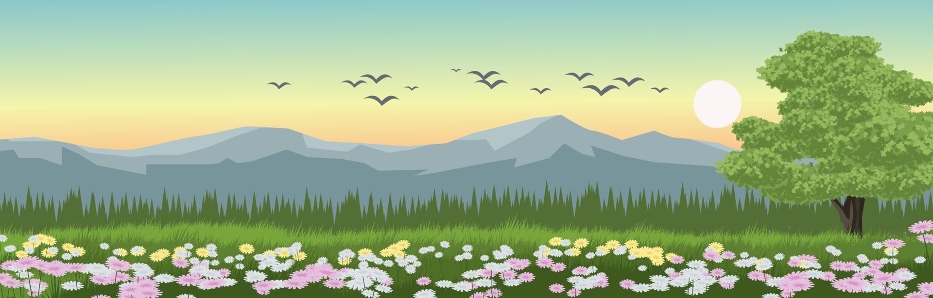 vector ochtend- landschap illustratie met kleurrijk bloemen