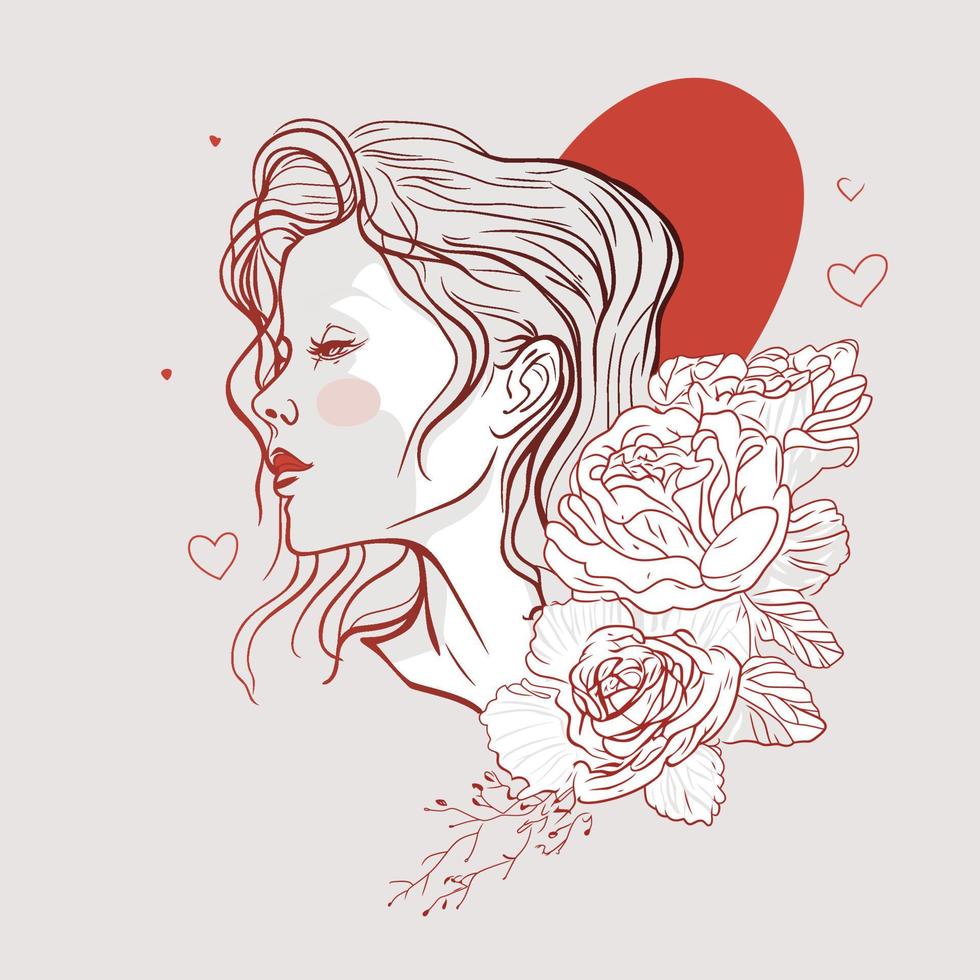 mooi vrouw lijn kunst en bloemen, vector illustratie