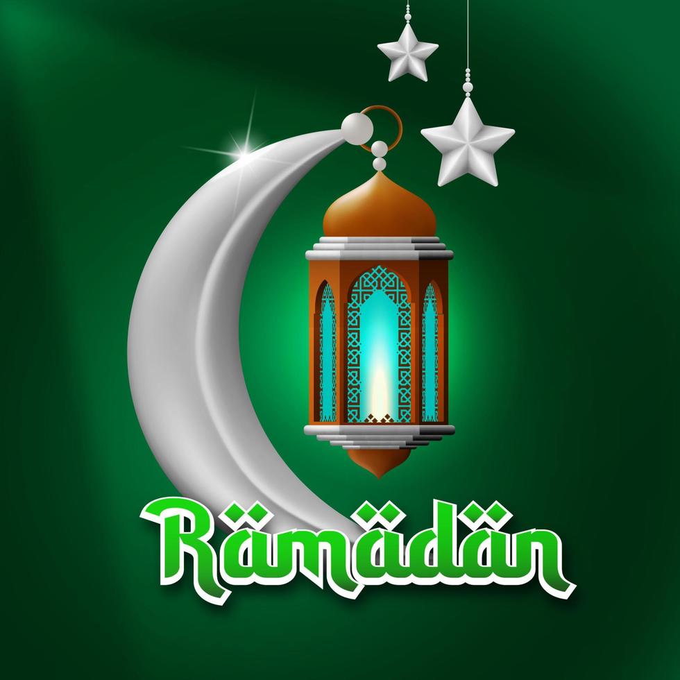 Ramadan groet kaart. Islamitisch viering poster versierd met maan, lantaarn en sterren. geïsoleerd Aan groen achtergrond. vector illustratie