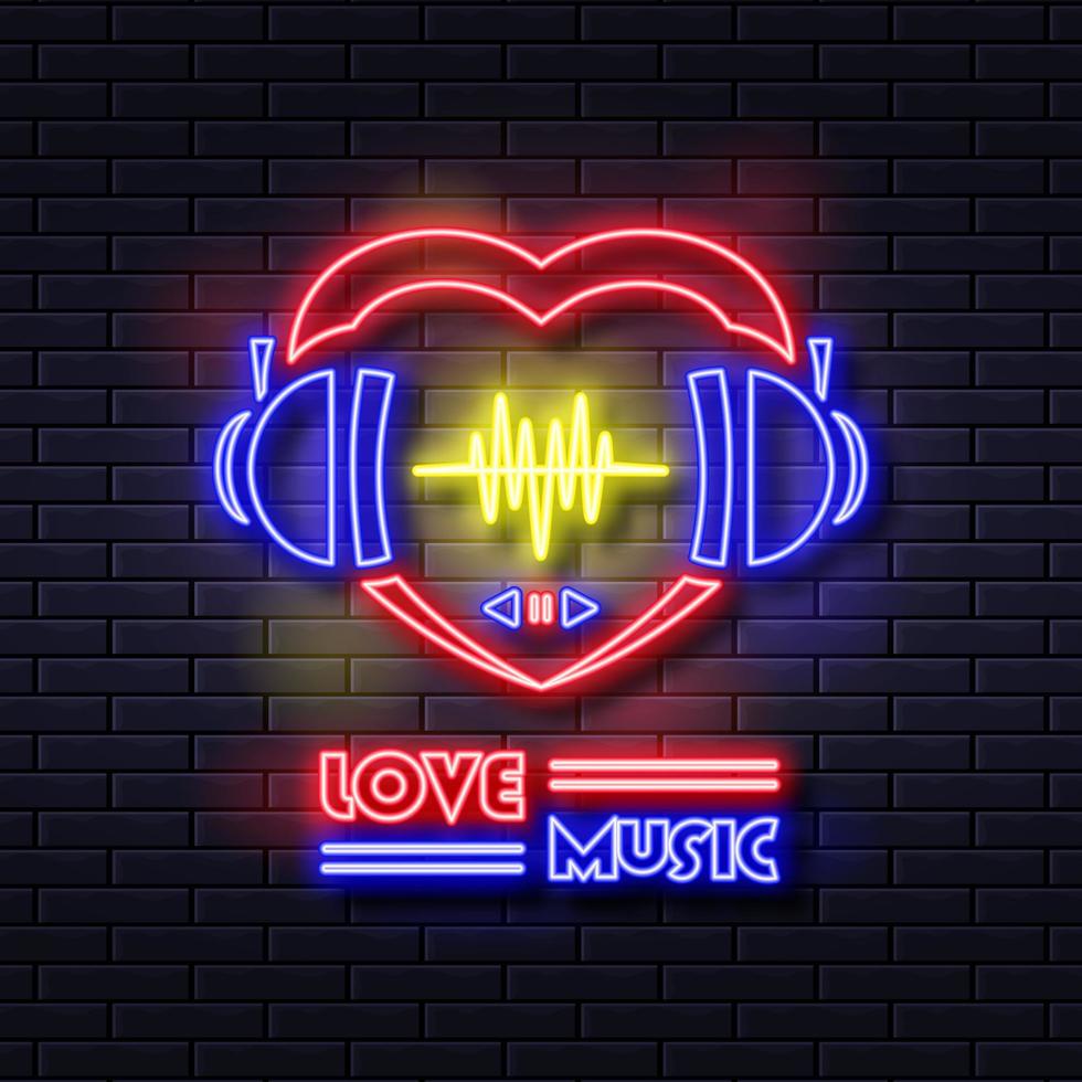 liefde muziek. gloeiend neon licht icoon. romantisch muziek- met kleurrijk neon lichten geïsoleerd Aan steen muur achtergrond. vector illustratie