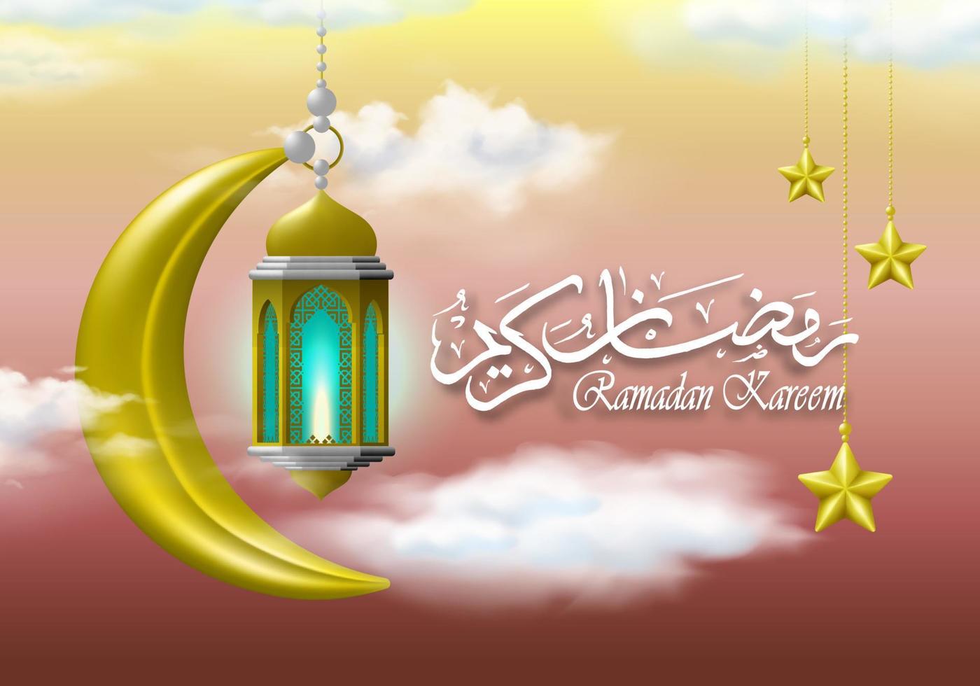 Ramadan kareem spandoek. Islamitisch groet kaart met gouden decoratie, maan. sterren, lantaarns en wolken. geïsoleerd Aan natuurlijk tinten achtergrond. 3d vector illustratie