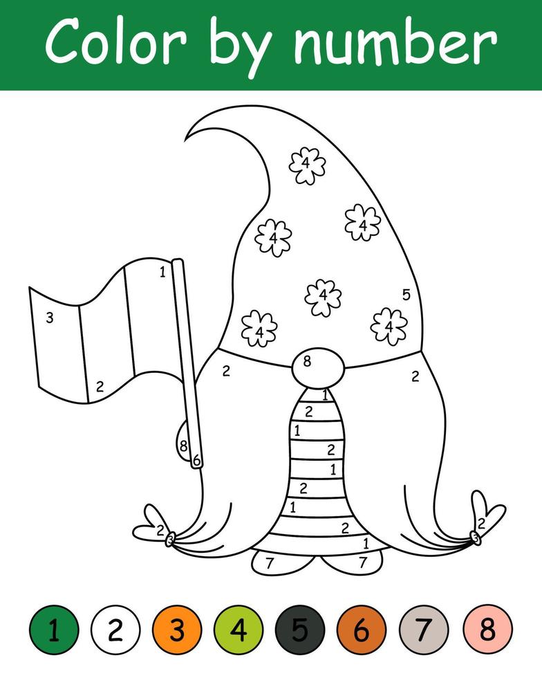 kleur door aantal spel voor kinderen. schattig gnoom met Iers vlag. st. Patrick dag kleur boek. afdrukbare werkblad met oplossing voor school- en peuter. aan het leren getallen werkzaamheid. vector