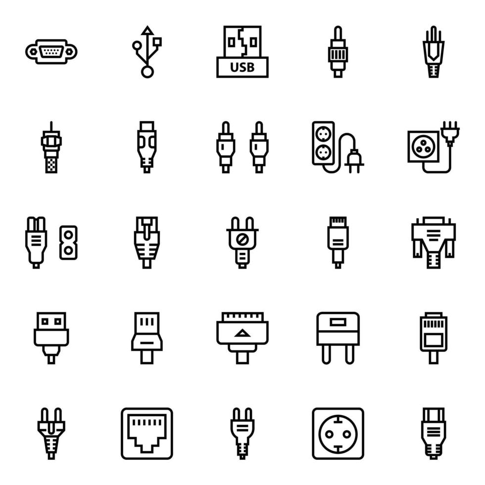 schets pictogrammen voor connectoren en kabels. vector