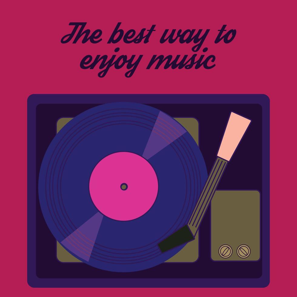 retro stijl vector illustratie met een wijnoogst vinyl records speler en tekst de het beste manier naar genieten muziek. magenta achtergrond.