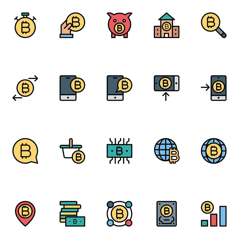 gevulde schets pictogrammen voor bitcoins. vector