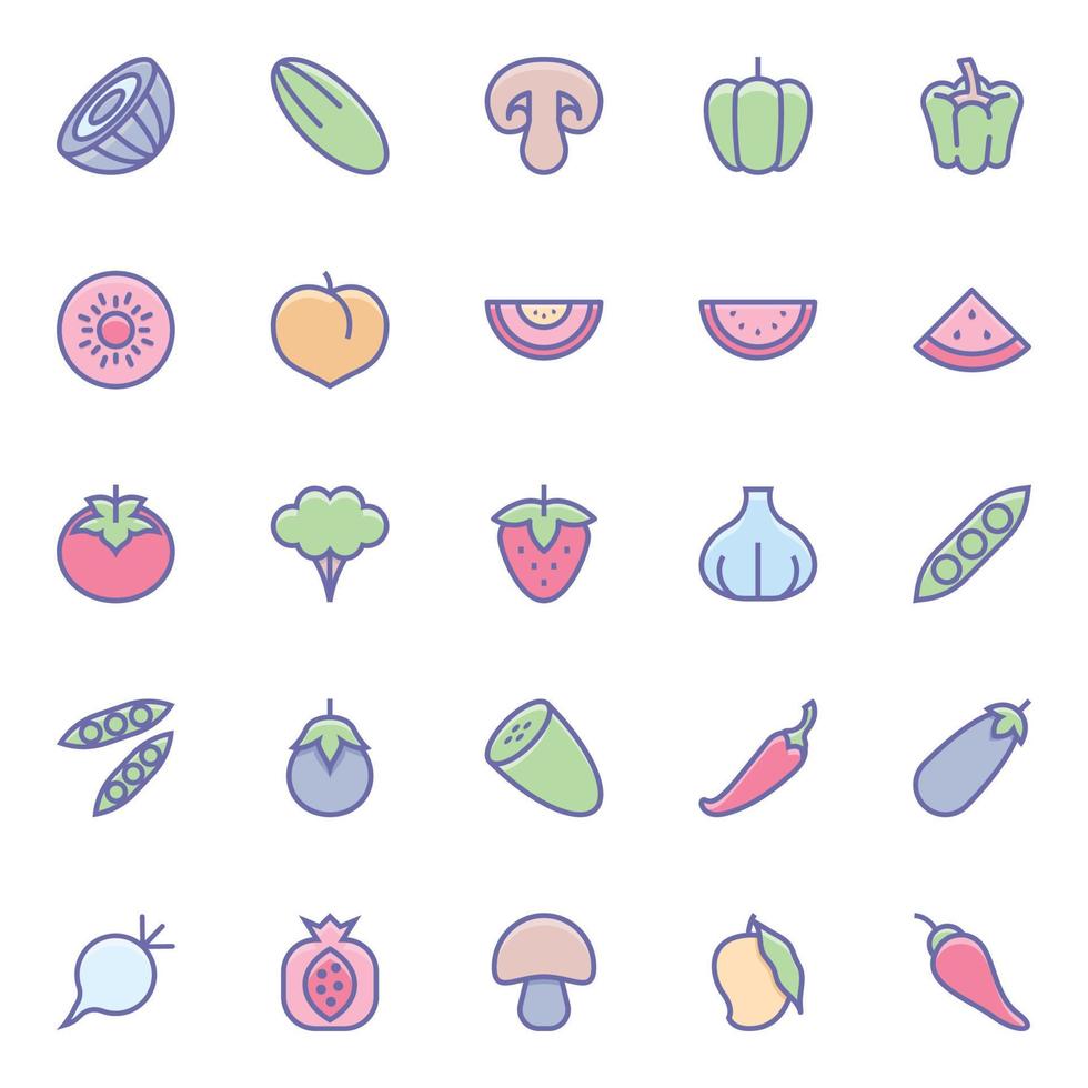 gevulde kleur schets pictogrammen voor voedsel. vector