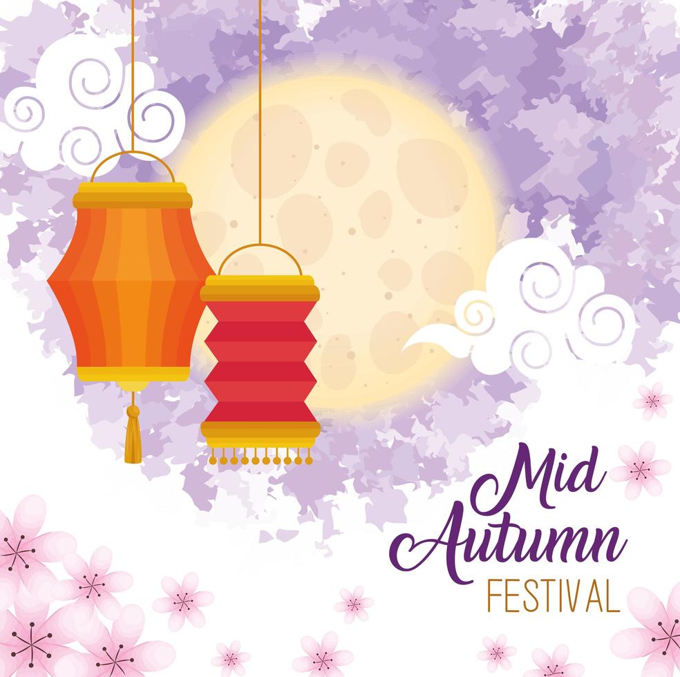Chinees medio herfstfestival met hangende lantaarns en bloemen vector