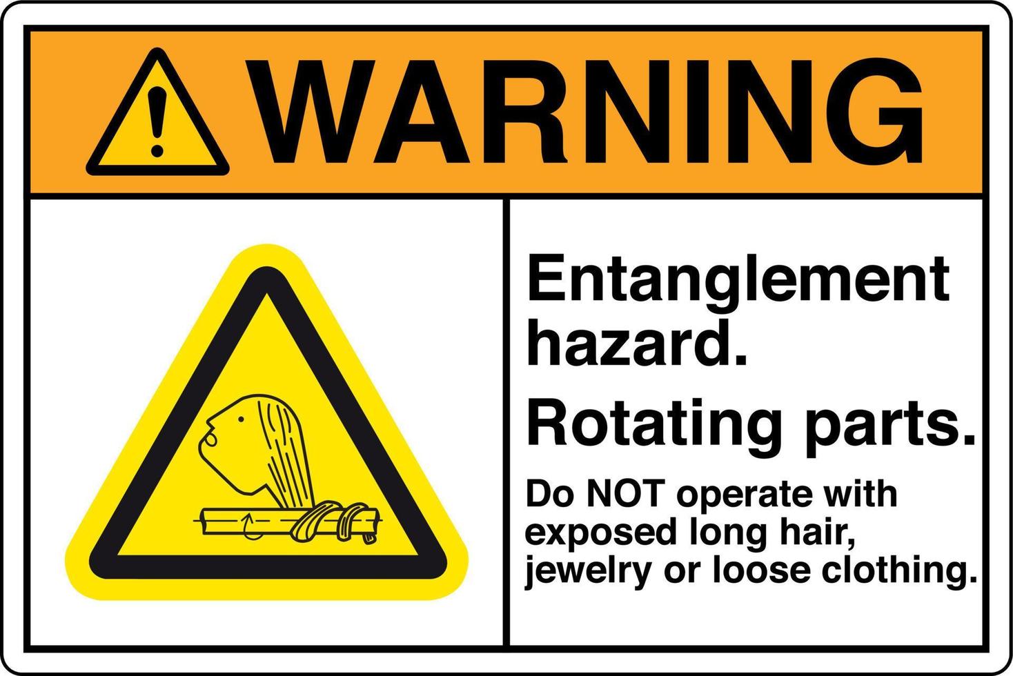 veiligheid teken markering etiket symbool pictogram normen waarschuwing verstrengeling risico roterend onderdelen Doen niet bedienen met blootgesteld lang haar- sieraden of los kleding vector
