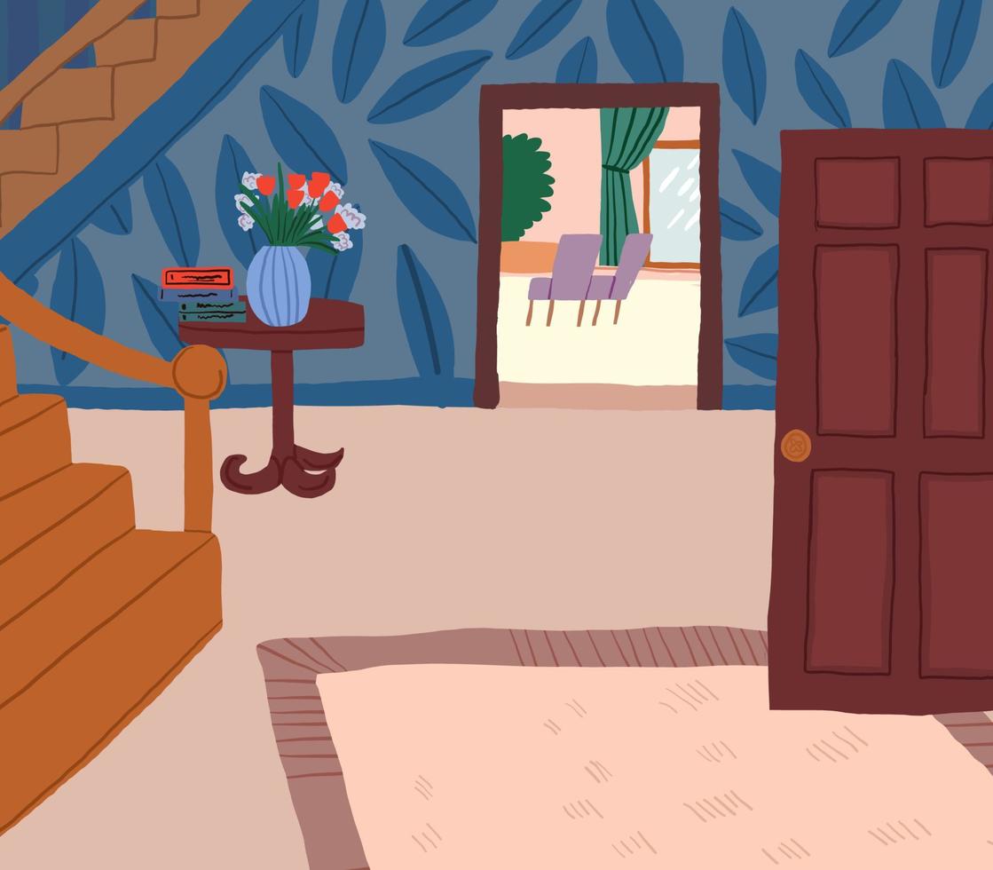 vector illustratie van de knus interieur van de huis, Ingang hal met trap, bloemen. wijnoogst stijl interieur illustratie. vector illustratie