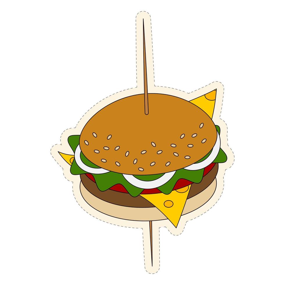 smakelijk Hamburger Aan een vleespen met kaas, ui, tomaat en sla. sticker. gelukkig hamburger dag. vector