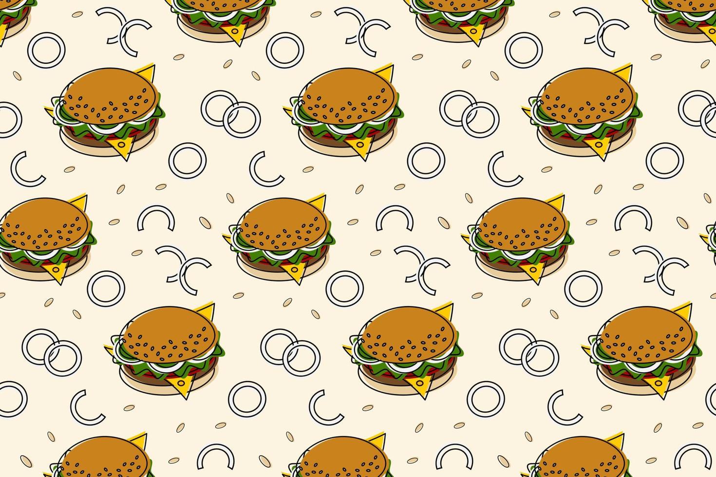 eindeloos patroon van Hamburger met kaas, ringen van ui, tomaat en sla. gelukkig hamburger dag. eps vector