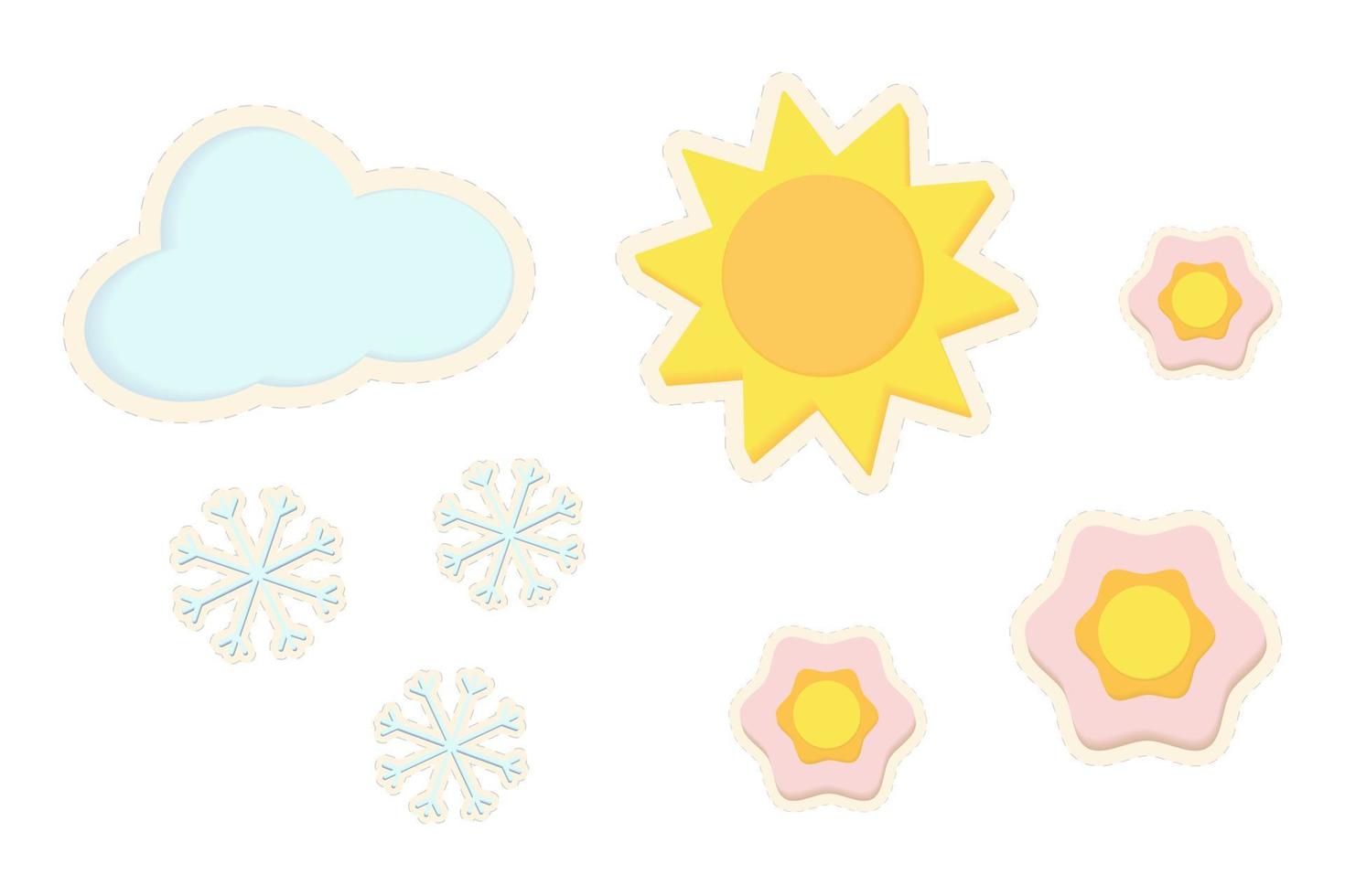 reeks van 3d stickers van de zon met verschillend maten van bloemen en wolk met sneeuwvlokken. sticker vector