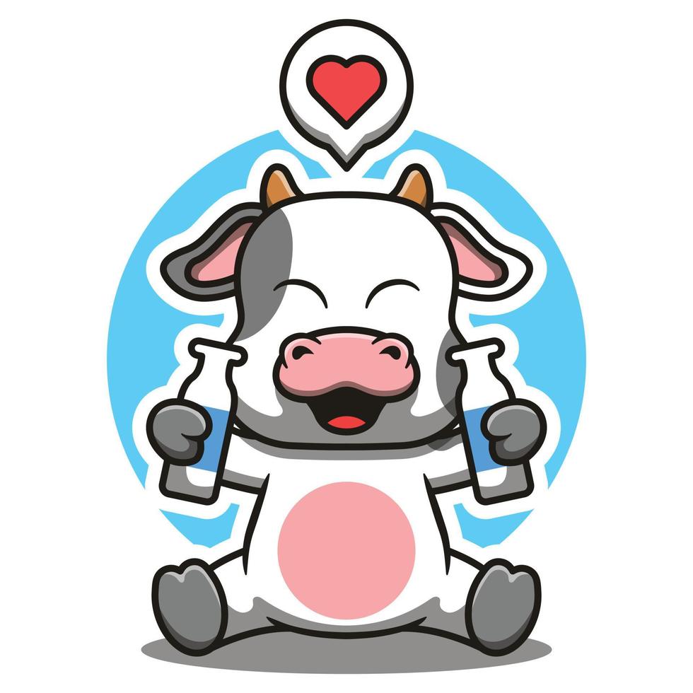 schattig koe mascotte Holding melk met gelukkig gezicht tekenfilm vector illustratie.