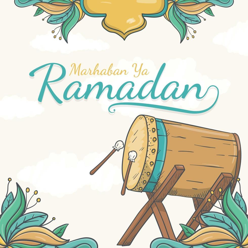 hand getekend marhaban ya ramadan wenskaart achtergrond met islamitische versiering vector