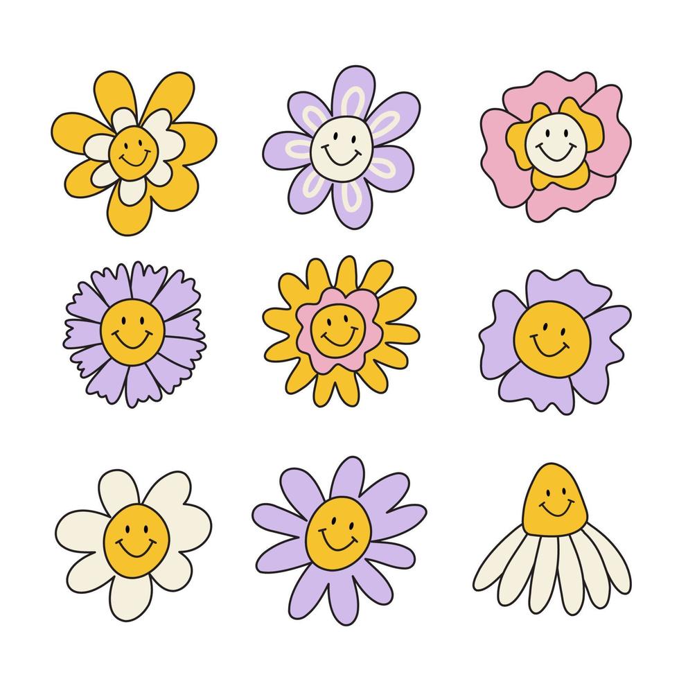 reeks van retro groovy hippie bloemen. verzameling van verschillend bloemen in een hippie stijl. vector