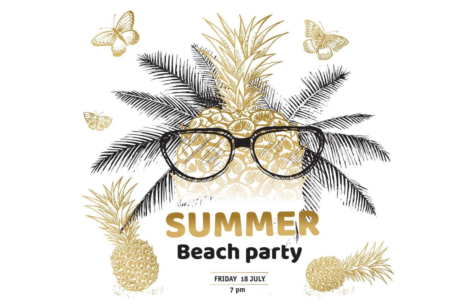 hallo zomer, palmboom, bril, ananas. hand getekende illustratie. vector