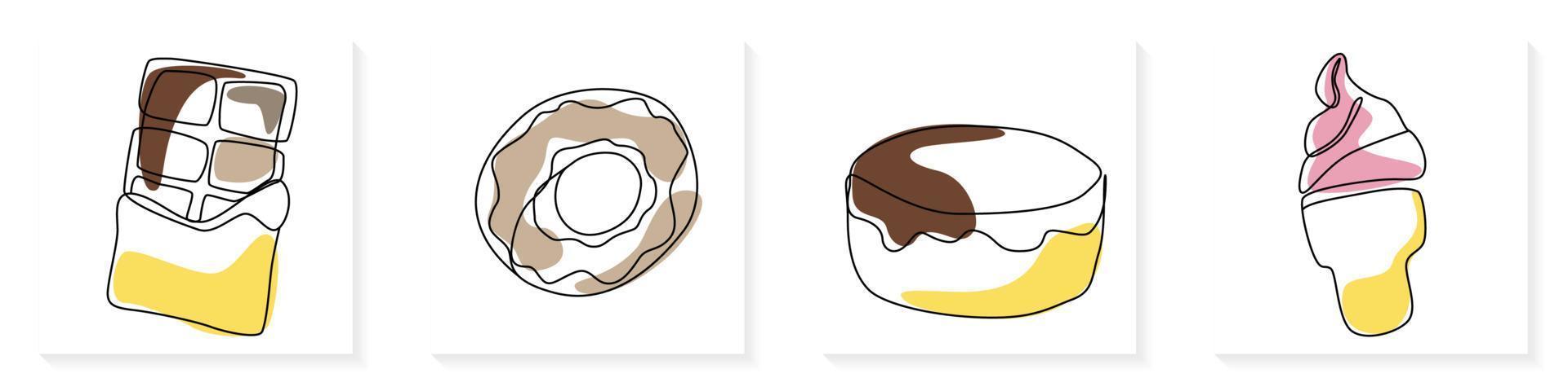 reeks van een doorlopend lijn kunst hand- getrokken contour van heerlijk smakelijk gebakjes, bakkerij een plak voor decoratie, embleem voor banketbakkerij, zoet winkel, bakkerij in minimalistische ontwerp vector