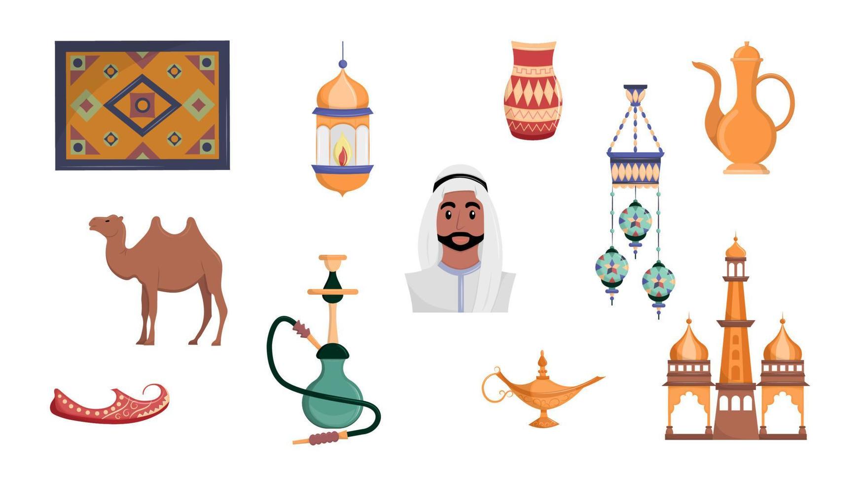 vector reeks van 11 oostelijk Islamitisch cultureel artikelen. traditioneel Arabisch elementen van de midden- oosten. vlak vector illustratie.