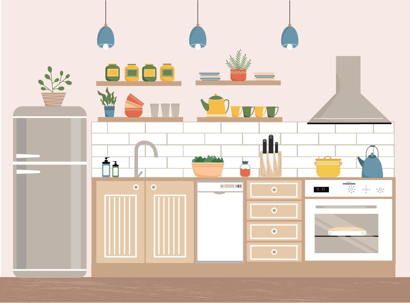 keuken met meubilair. keuken interieur met fornuis, kast, vaatwasser, planken, keukengerei, koelkast, lampen. vlak ontwerp. vector