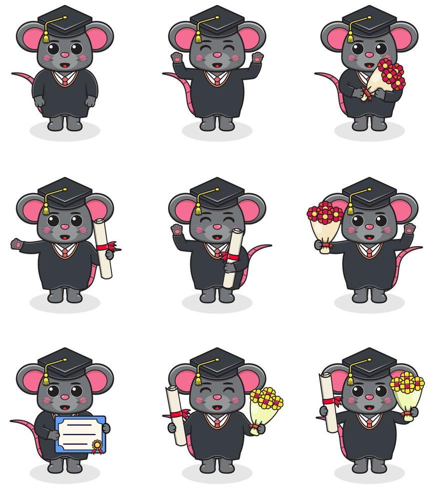 schattig tekenfilm muis in afstuderen hoed Aan wit achtergrond. vector reeks van schattig diploma uitreiking themed muis . illustratie symbool mascotte karakter dier. ontwerp vlak tekenfilm.