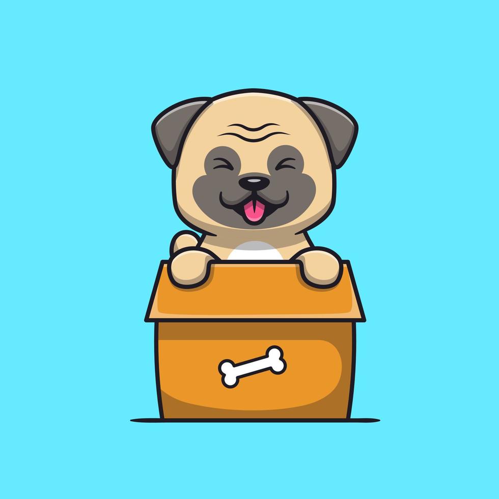 schattig mopshond hond spelen in doos tekenfilm vector icoon illustratie. dier natuur icoon concept geïsoleerd premie vector. vlak tekenfilm stijl