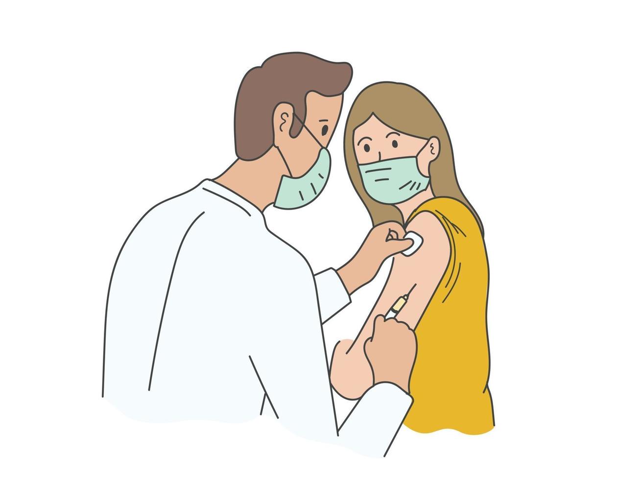 handgetekende patiënt die masker draagt dat zijn vaccin, coronavirusvaccin krijgt vector