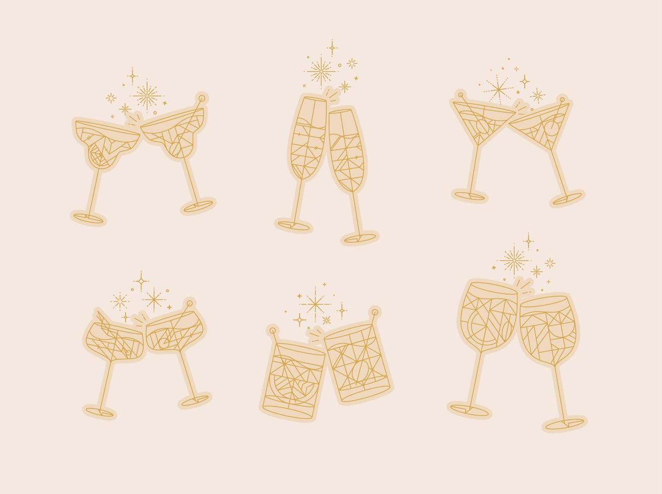 cocktail bril proost voor prosecco, wijn, whisky, vermout, gin, martini, aperol, margarita in modern vlak lijn stijl tekening Aan beige achtergrond vector