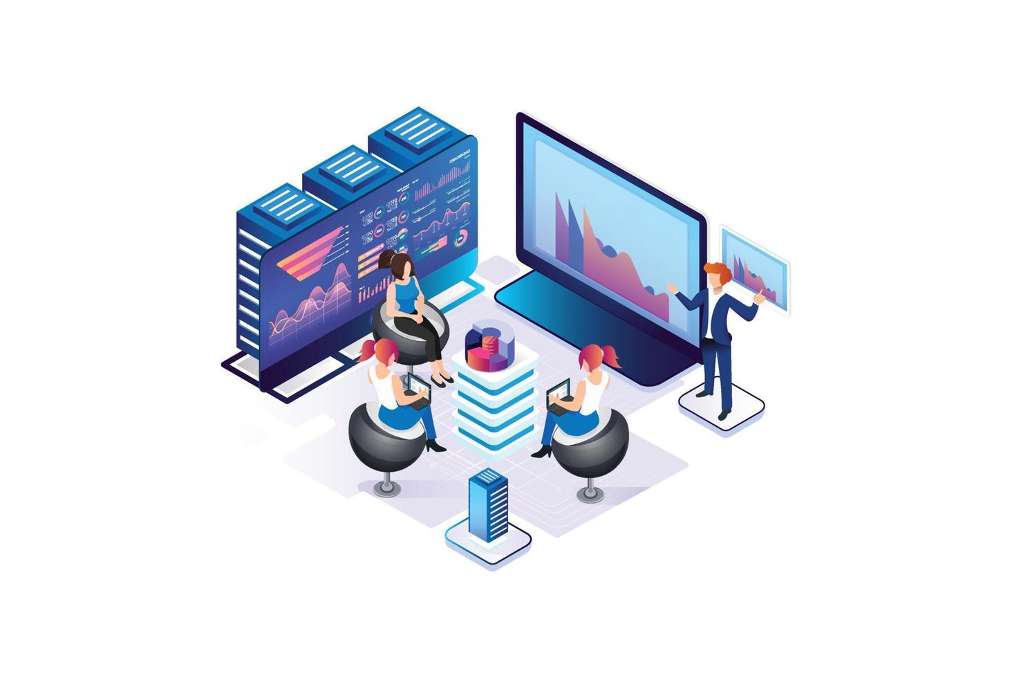 isometrische technologie gegevens analyse illustratie, web spandoeken, geschikt voor diagrammen, infografieken, boek illustratie, spel Bedrijfsmiddel, en andere grafisch verwant middelen vector