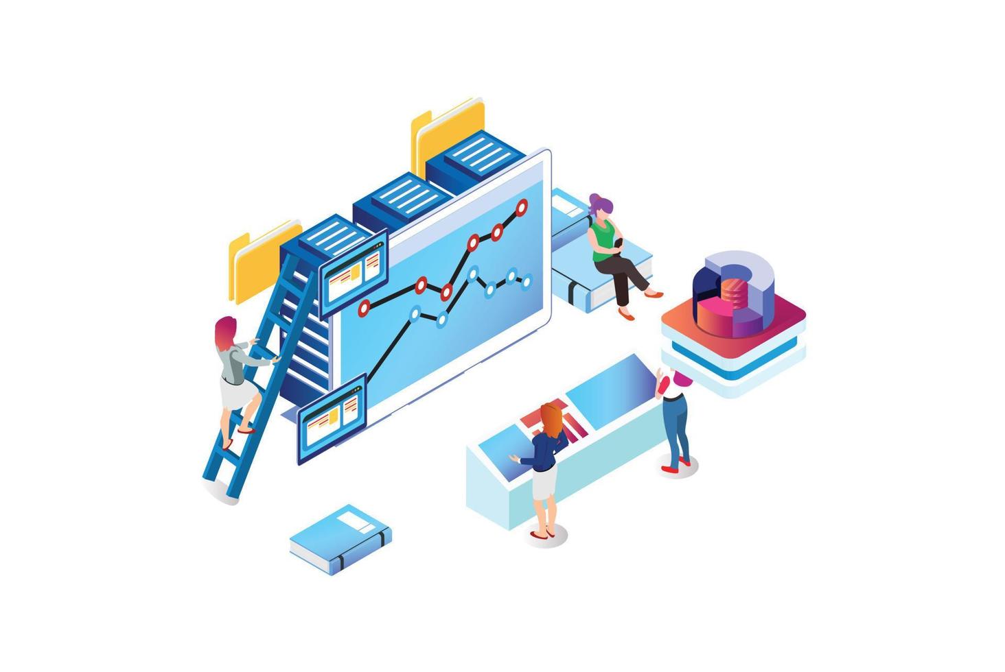 isometrische deskundige team voor gegevens analyse, bedrijf statistiek, beheer, overleg plegen, marketing. landen bladzijde sjabloon concept. geschikt voor diagrammen, infografieken, en andere Bedrijfsmiddel vector