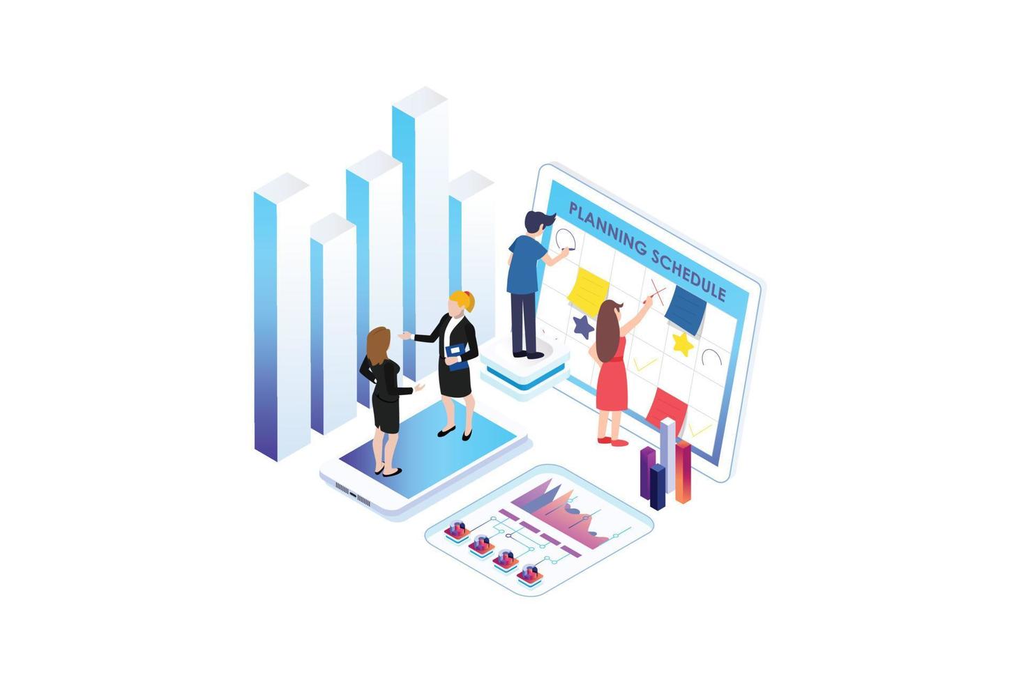 isometrische deskundige team voor gegevens analyse, bedrijf statistiek, beheer, overleg plegen, marketing. landen bladzijde sjabloon concept. geschikt voor diagrammen, infografieken, en andere Bedrijfsmiddel vector