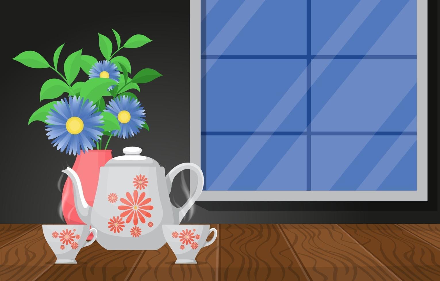 kopjes hete thee met een theepot en bloemen op een houten tafel bij een raam vector