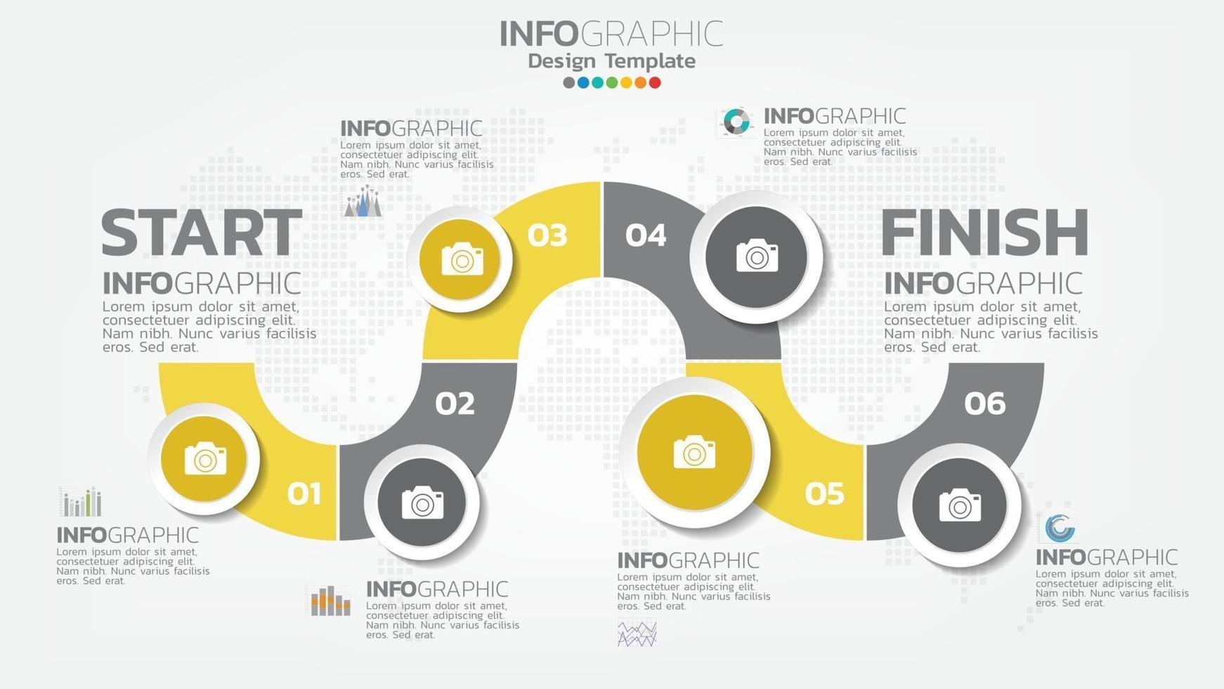 infograph 6 stap geel kleurelement met pijl, grafiekdiagram, bedrijfs online marketingconcept. vector