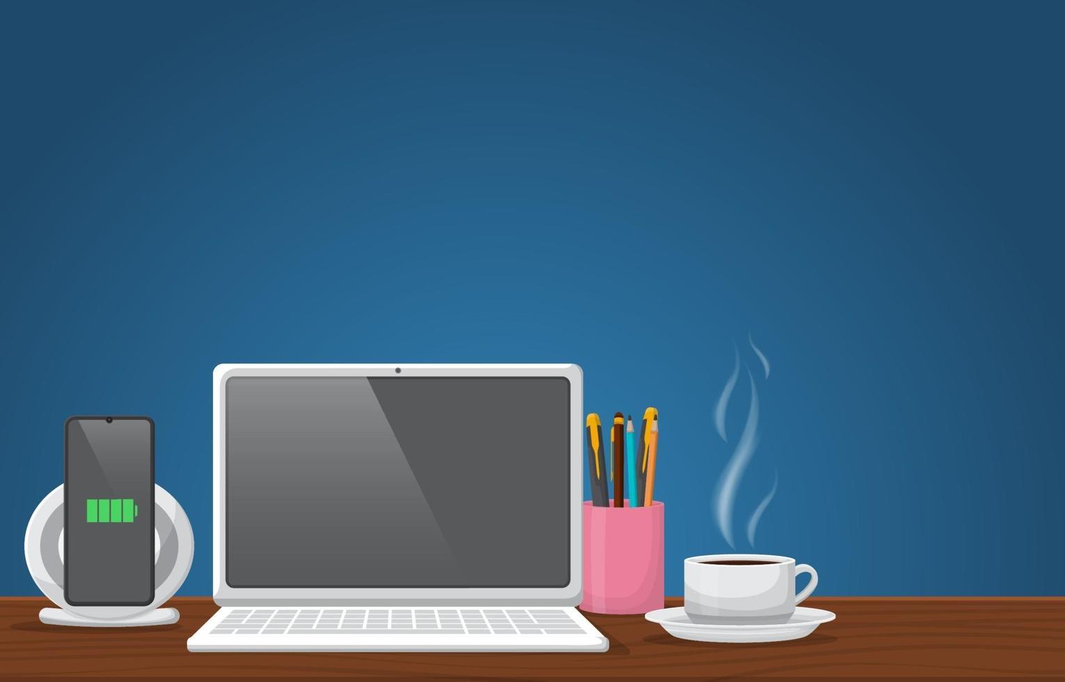 laptop en kopje koffie op kantoor tafel illustratie vector