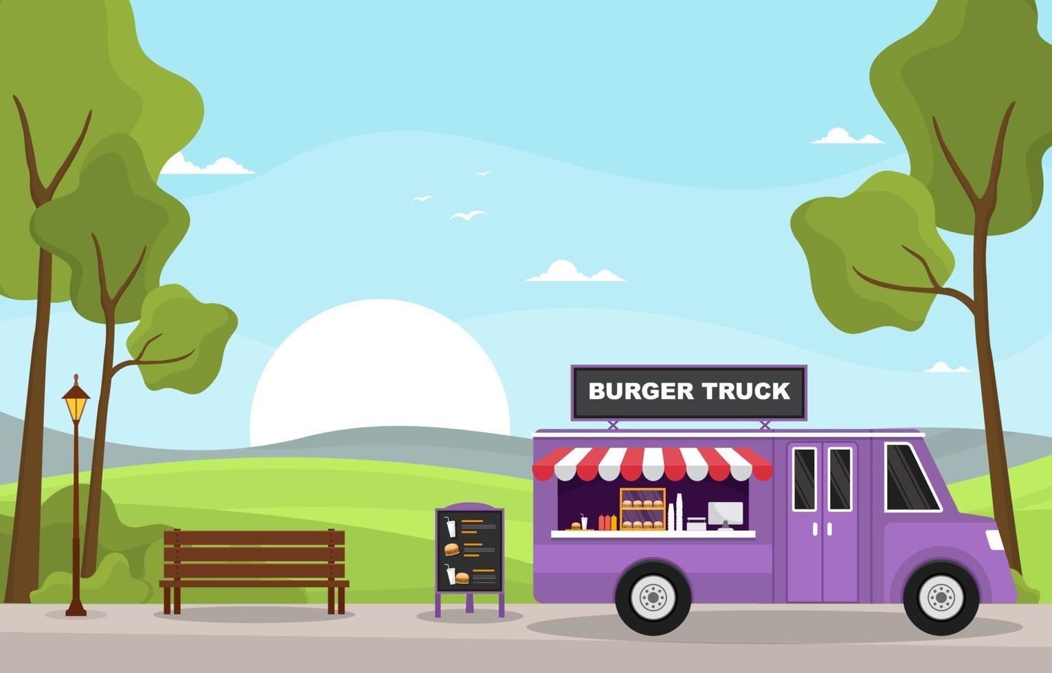 foodtruck met hamburgers in het park vector