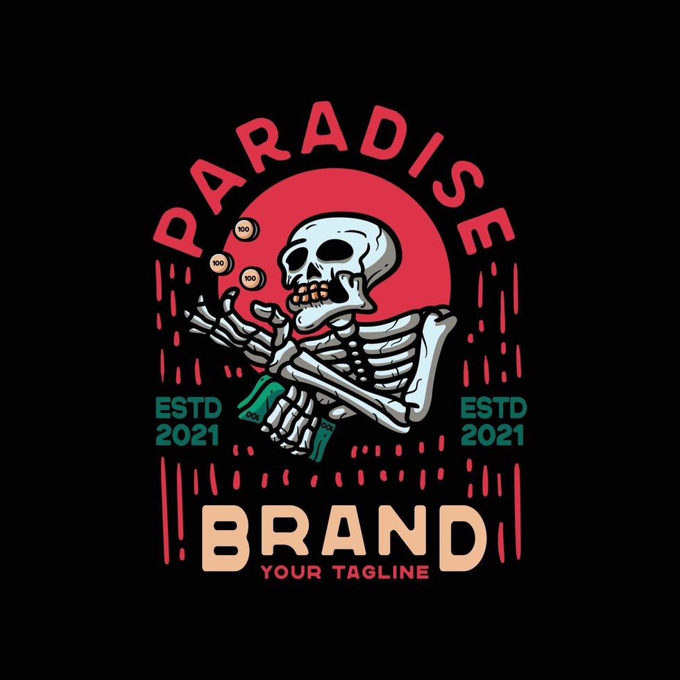 paradijselijke schedel met geldmunten. vintage stijl voor t-shirt vector