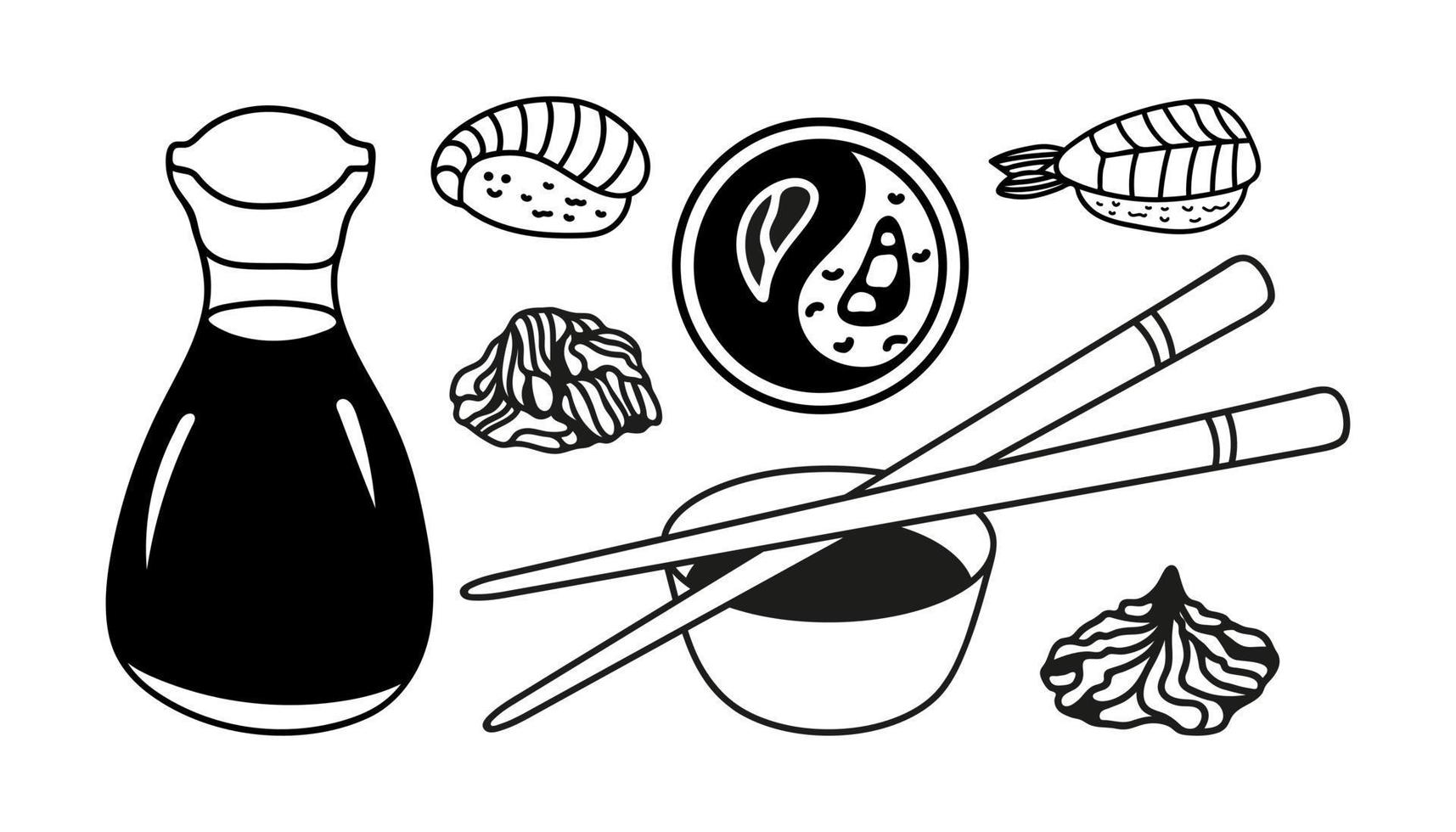 Japans sushi en soja saus reeks in hand- getrokken tekening stijl. Aziatisch voedsel voor restaurants menu vector