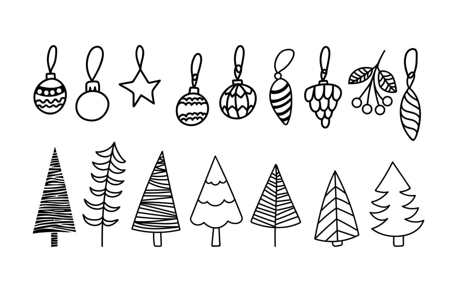 Kerstmis boom clip art reeks met speelgoed. hand- getrokken vector doodles